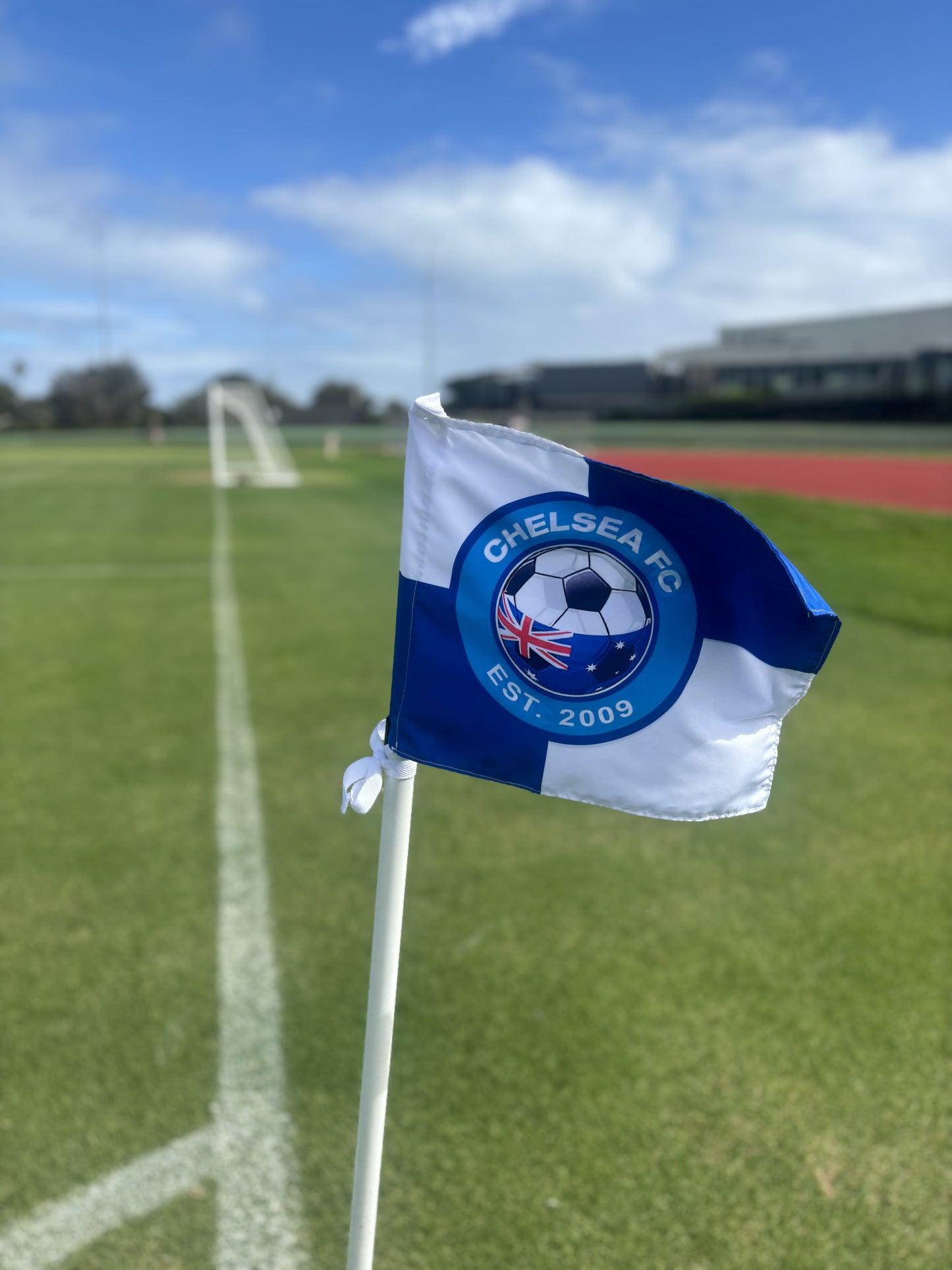 Custom corner flag for Chelse FC. Made to custom in their club colours and custom design.