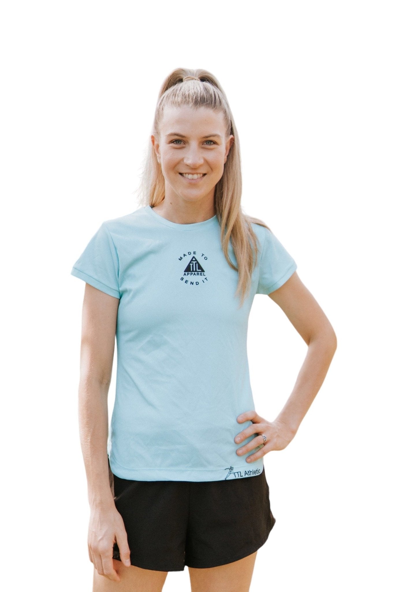 Women's running top in teal. Made from recycled material in Australia.