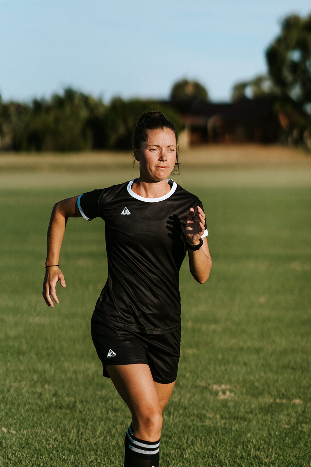 Women's cut football / training gear made and designed to fit women's form. Designed and made in Australia from breathable flexible recycled material. 