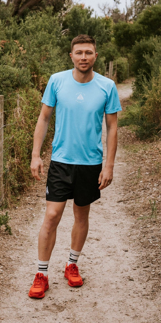 Mens running and training top made from recycled material. Light weight and breathable. Made in Australia. 